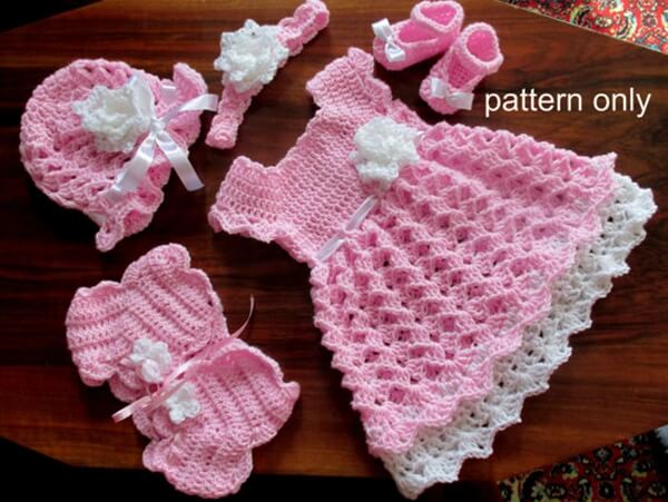 Baby Set Crochet Pattern (Baby Dress, hat, shoes, headband, shrug)