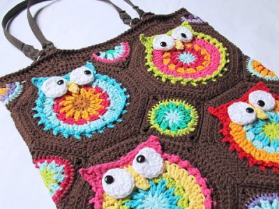 colorful owl crochet tote