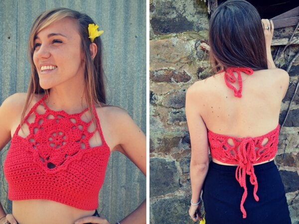 Crochet crop top flower halter pattern
