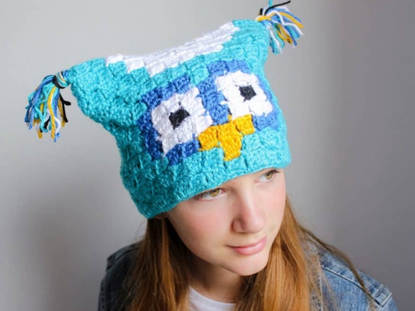 crochet Owl C2C Sack Hat free pattern