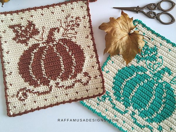 crochet Pumpkin Potholder free pattern tapestry crochet