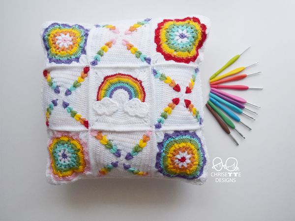 crochet Rainbow Granny Square Pillow free pattern