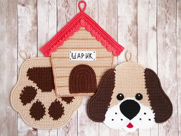 crochet Dog Paw and House Potholders easy pattern