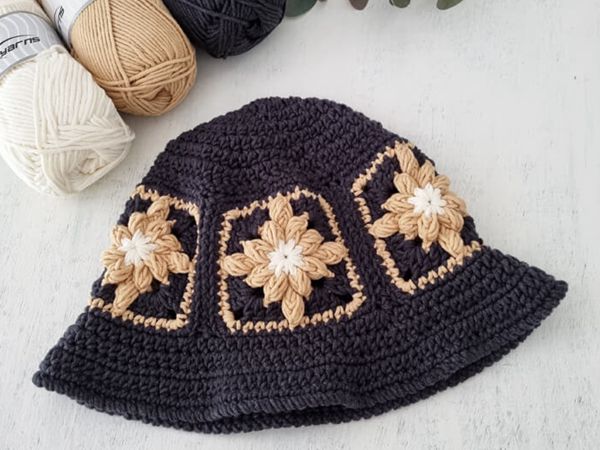 crochet Bobble Granny Square Bucket Hat free pattern